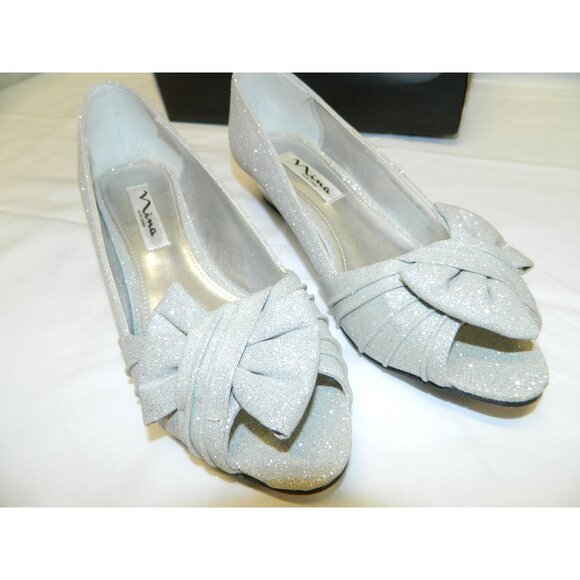 Nina Silver Glitter Peep-Toe Wedge Shoes Size 7M Metallic Gray - Picture 8 of 15